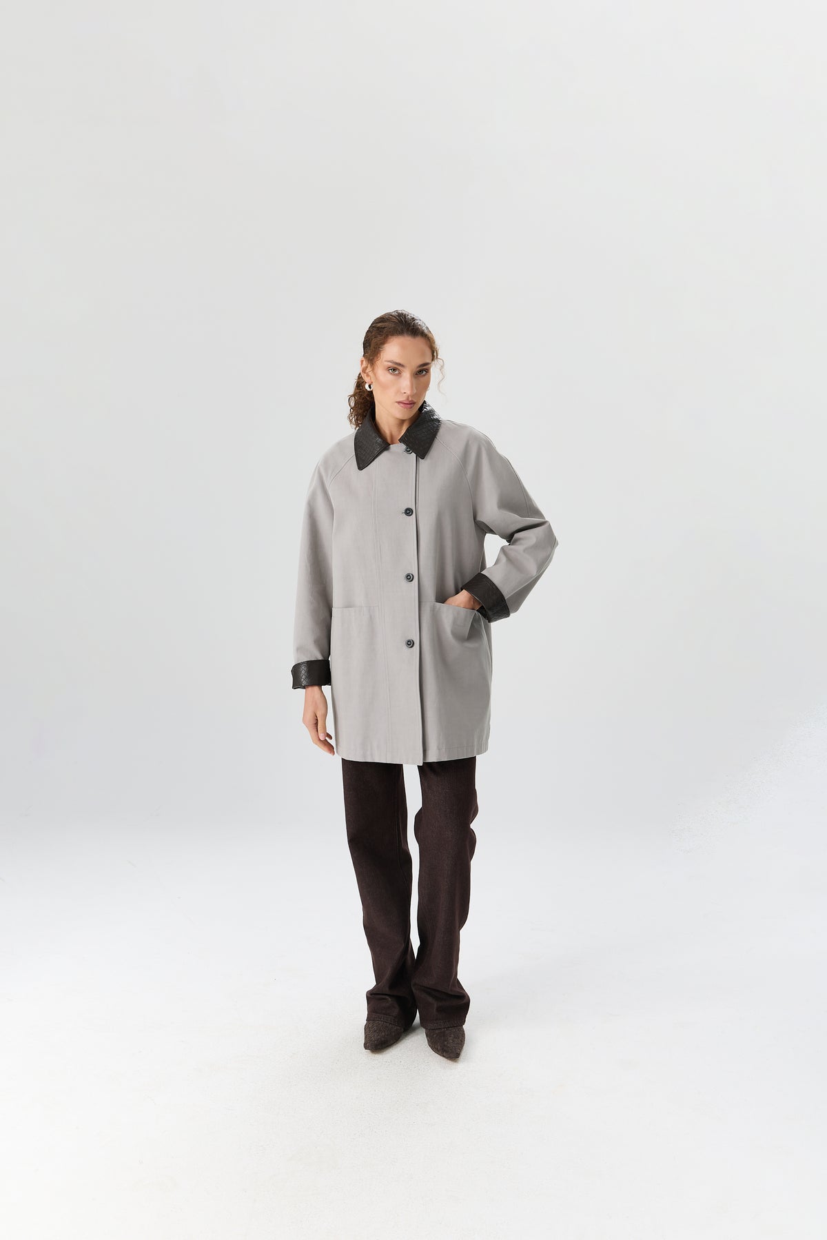 PŁASZCZ WOVEN COLLAR GREY