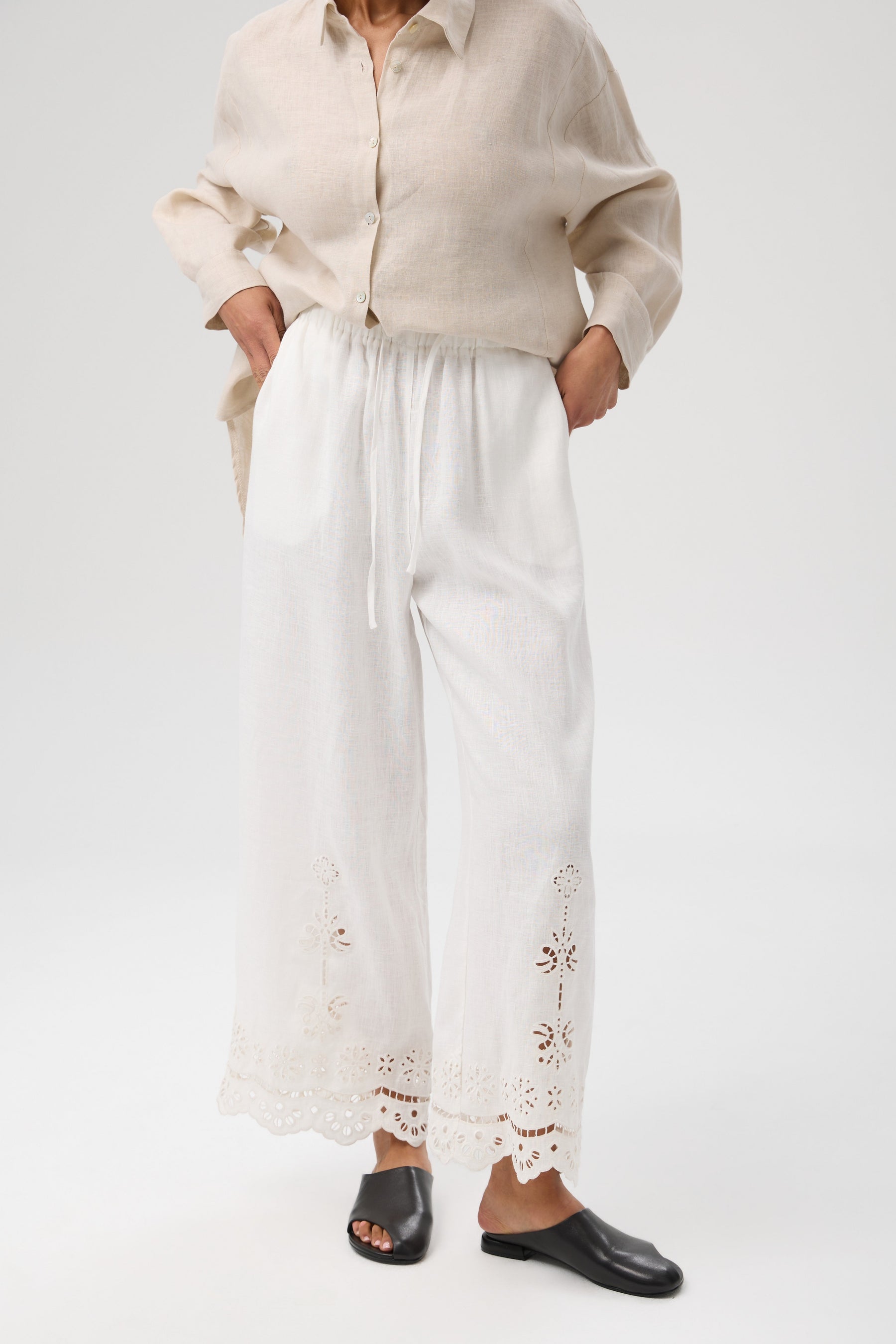 SPODNIE LEN RICAMO WHITE