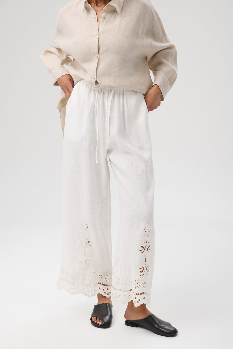 SPODNIE LEN RICAMO WHITE
