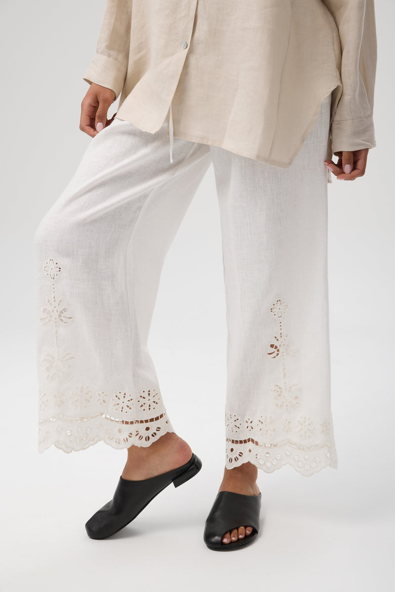SPODNIE LEN RICAMO WHITE