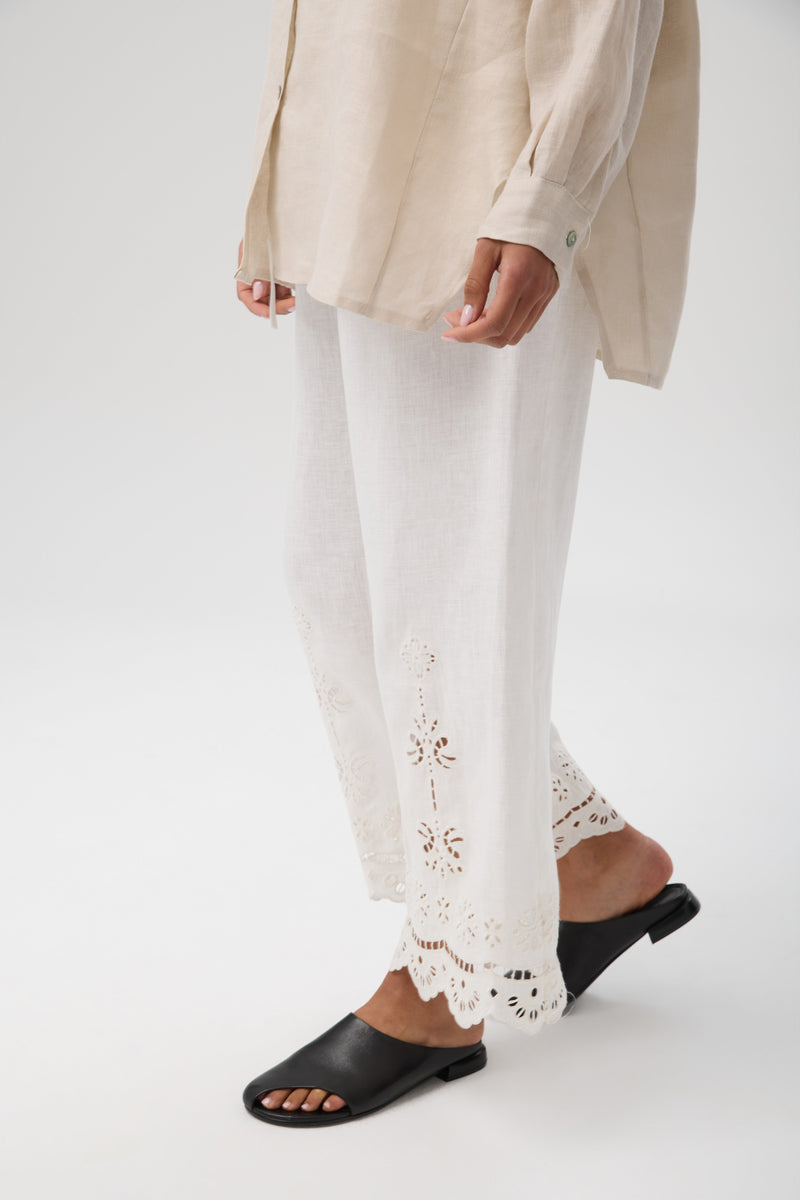 SPODNIE LEN RICAMO WHITE